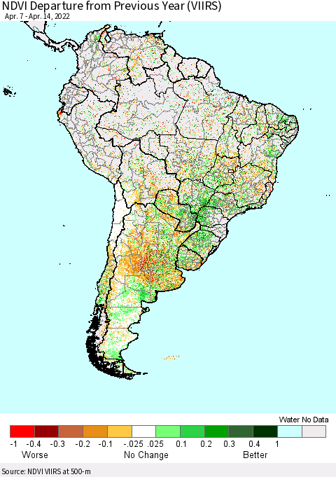 South America NDVI Departure from Previous Year (VIIRS) Thematic Map For 4/7/2022 - 4/14/2022