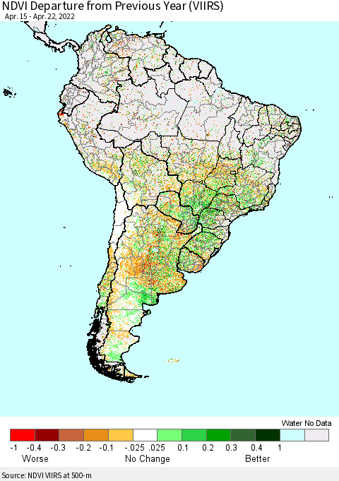 South America NDVI Departure from Previous Year (VIIRS) Thematic Map For 4/15/2022 - 4/22/2022