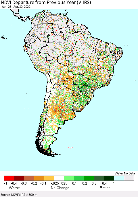 South America NDVI Departure from Previous Year (VIIRS) Thematic Map For 4/23/2022 - 4/30/2022