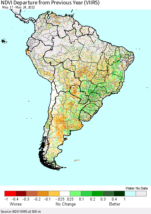 South America NDVI Departure from Previous Year (VIIRS) Thematic Map For 5/17/2022 - 5/24/2022