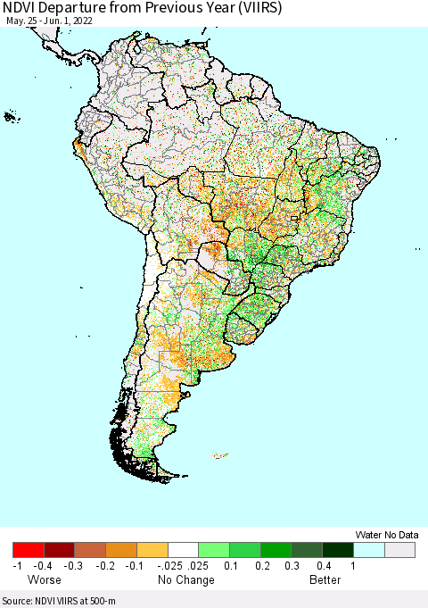 South America NDVI Departure from Previous Year (VIIRS) Thematic Map For 5/25/2022 - 6/1/2022