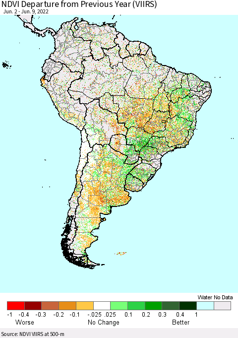 South America NDVI Departure from Previous Year (VIIRS) Thematic Map For 6/2/2022 - 6/9/2022