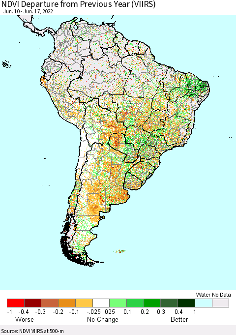 South America NDVI Departure from Previous Year (VIIRS) Thematic Map For 6/10/2022 - 6/17/2022