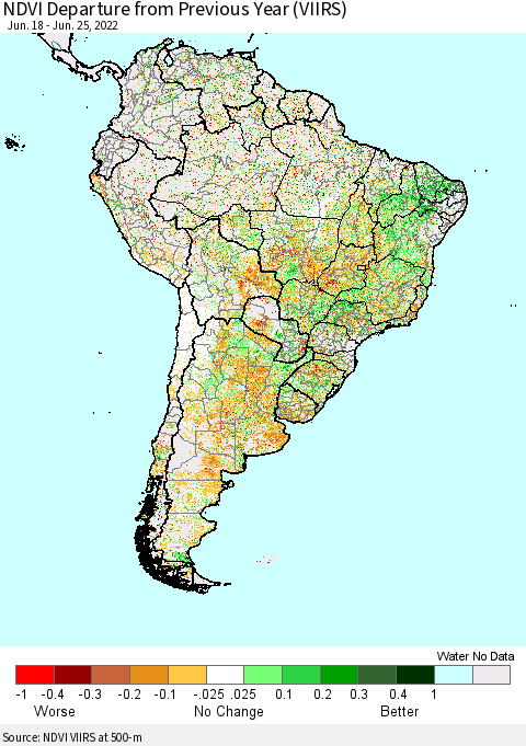 South America NDVI Departure from Previous Year (VIIRS) Thematic Map For 6/18/2022 - 6/25/2022