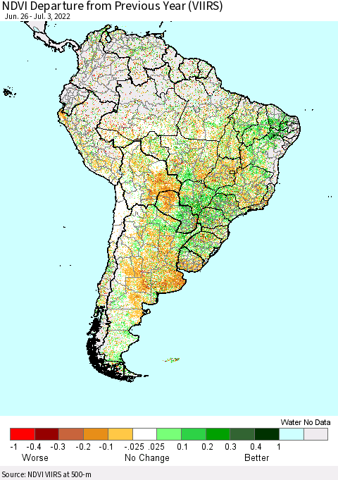 South America NDVI Departure from Previous Year (VIIRS) Thematic Map For 6/26/2022 - 7/3/2022