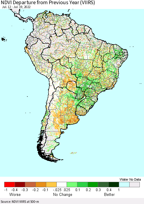 South America NDVI Departure from Previous Year (VIIRS) Thematic Map For 7/12/2022 - 7/19/2022