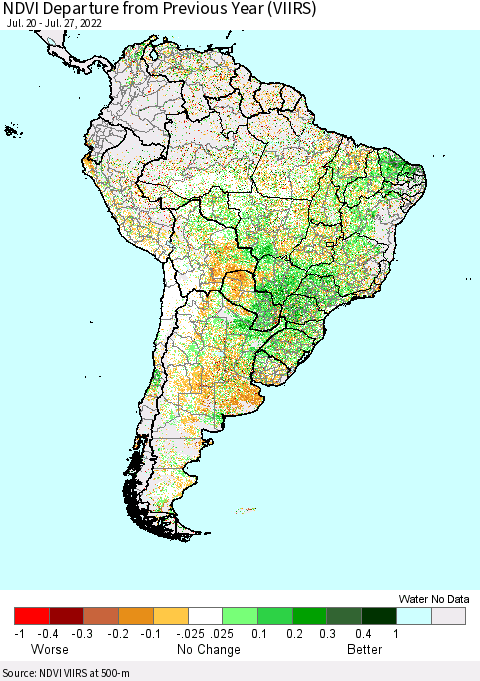 South America NDVI Departure from Previous Year (VIIRS) Thematic Map For 7/20/2022 - 7/27/2022