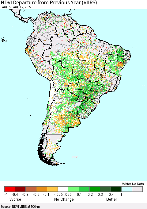 South America NDVI Departure from Previous Year (VIIRS) Thematic Map For 8/5/2022 - 8/12/2022
