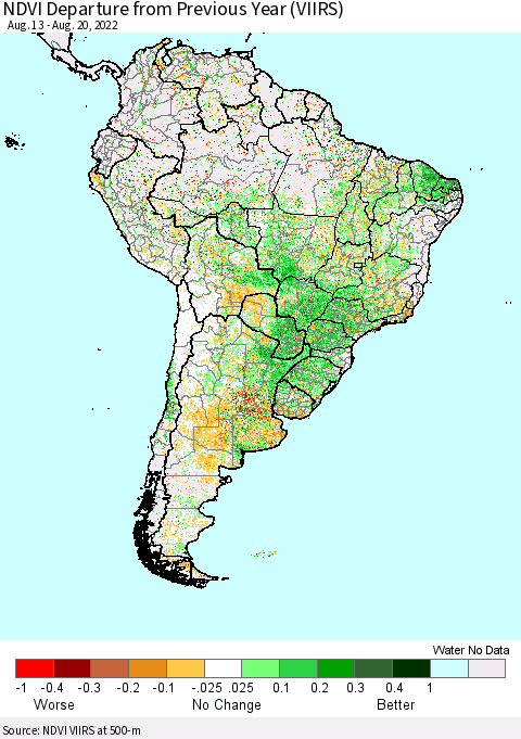 South America NDVI Departure from Previous Year (VIIRS) Thematic Map For 8/13/2022 - 8/20/2022
