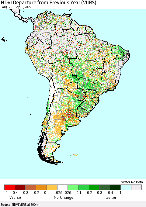 South America NDVI Departure from Previous Year (VIIRS) Thematic Map For 8/29/2022 - 9/5/2022
