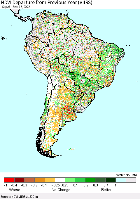 South America NDVI Departure from Previous Year (VIIRS) Thematic Map For 9/6/2022 - 9/13/2022