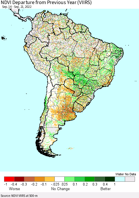 South America NDVI Departure from Previous Year (VIIRS) Thematic Map For 9/14/2022 - 9/21/2022