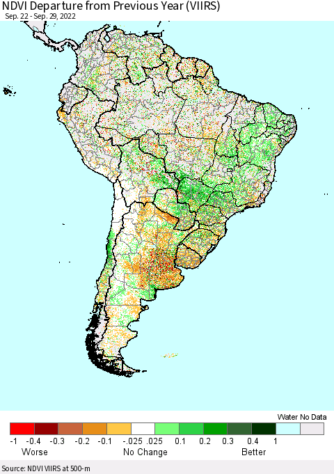 South America NDVI Departure from Previous Year (VIIRS) Thematic Map For 9/22/2022 - 9/29/2022