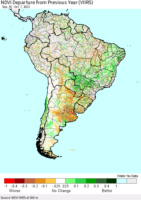South America NDVI Departure from Previous Year (VIIRS) Thematic Map For 9/30/2022 - 10/7/2022