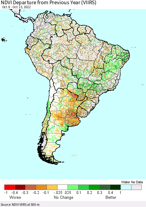 South America NDVI Departure from Previous Year (VIIRS) Thematic Map For 10/8/2022 - 10/15/2022