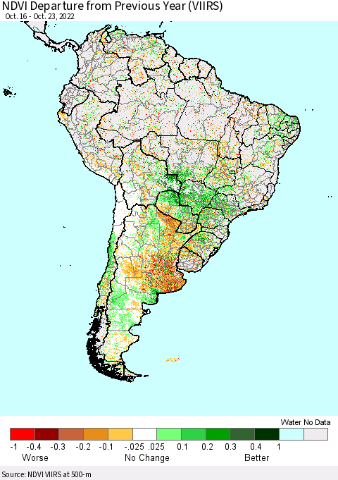 South America NDVI Departure from Previous Year (VIIRS) Thematic Map For 10/16/2022 - 10/23/2022