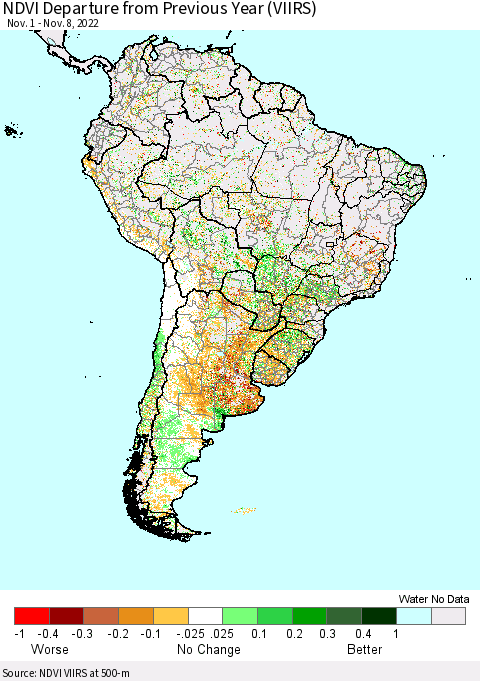South America NDVI Departure from Previous Year (VIIRS) Thematic Map For 11/1/2022 - 11/8/2022
