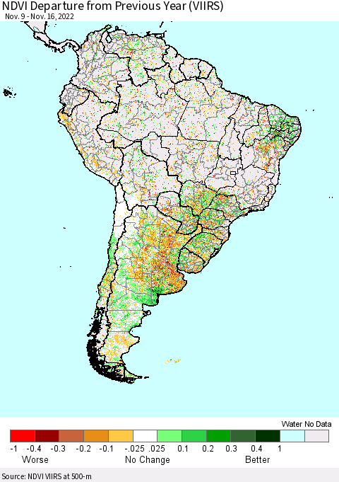 South America NDVI Departure from Previous Year (VIIRS) Thematic Map For 11/9/2022 - 11/16/2022