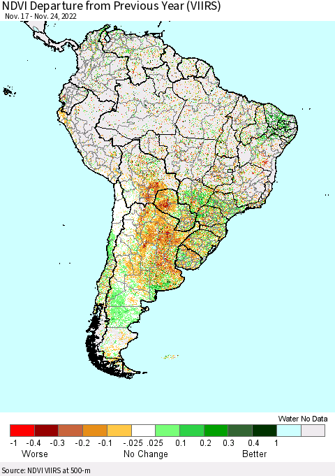 South America NDVI Departure from Previous Year (VIIRS) Thematic Map For 11/17/2022 - 11/24/2022