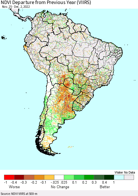 South America NDVI Departure from Previous Year (VIIRS) Thematic Map For 11/25/2022 - 12/2/2022