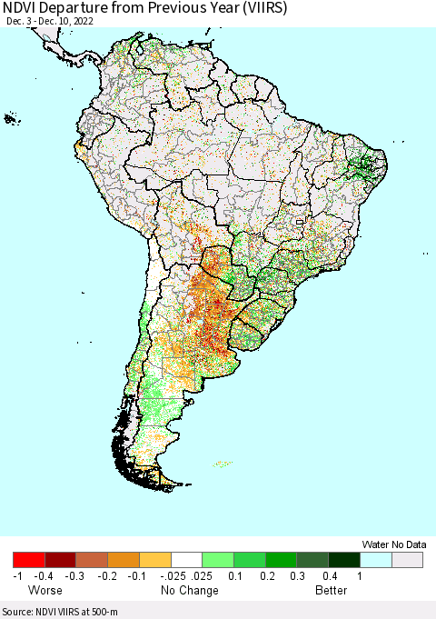 South America NDVI Departure from Previous Year (VIIRS) Thematic Map For 12/3/2022 - 12/10/2022