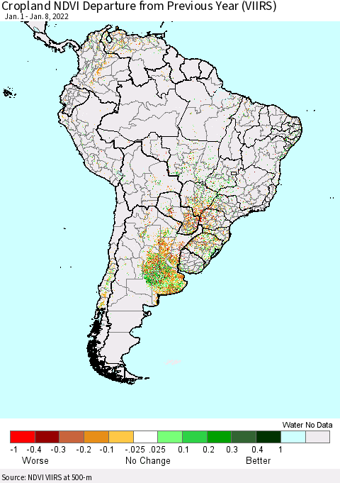 South America Cropland NDVI Departure from Previous Year (VIIRS) Thematic Map For 1/1/2022 - 1/8/2022