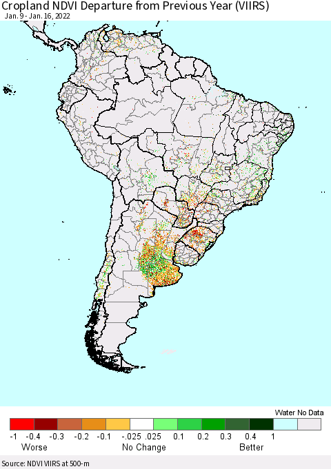 South America Cropland NDVI Departure from Previous Year (VIIRS) Thematic Map For 1/9/2022 - 1/16/2022