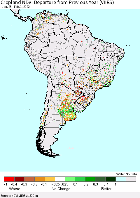 South America Cropland NDVI Departure from Previous Year (VIIRS) Thematic Map For 1/25/2022 - 2/1/2022