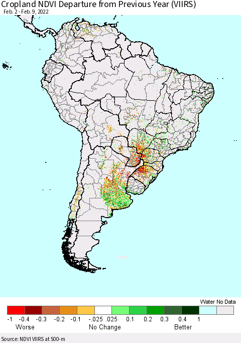 South America Cropland NDVI Departure from Previous Year (VIIRS) Thematic Map For 2/2/2022 - 2/9/2022