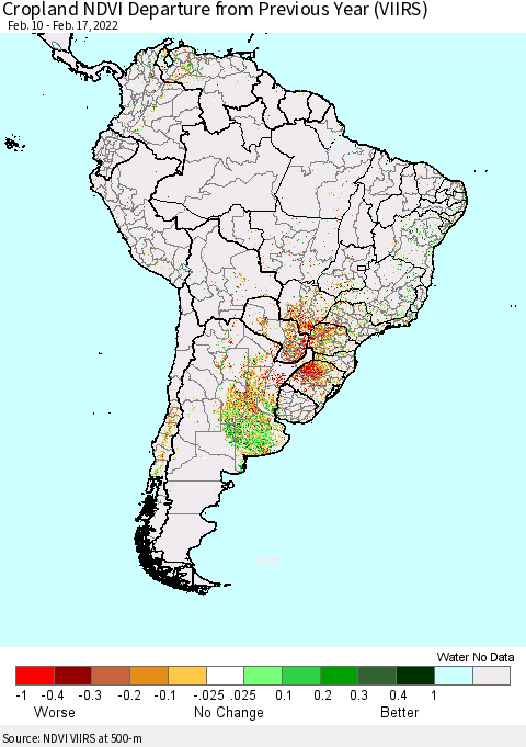 South America Cropland NDVI Departure from Previous Year (VIIRS) Thematic Map For 2/10/2022 - 2/17/2022