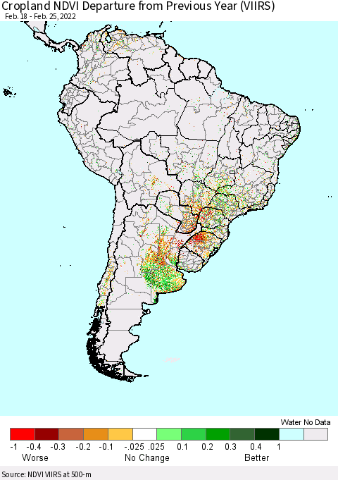 South America Cropland NDVI Departure from Previous Year (VIIRS) Thematic Map For 2/18/2022 - 2/25/2022