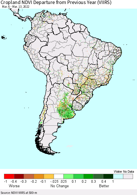 South America Cropland NDVI Departure from Previous Year (VIIRS) Thematic Map For 3/6/2022 - 3/13/2022