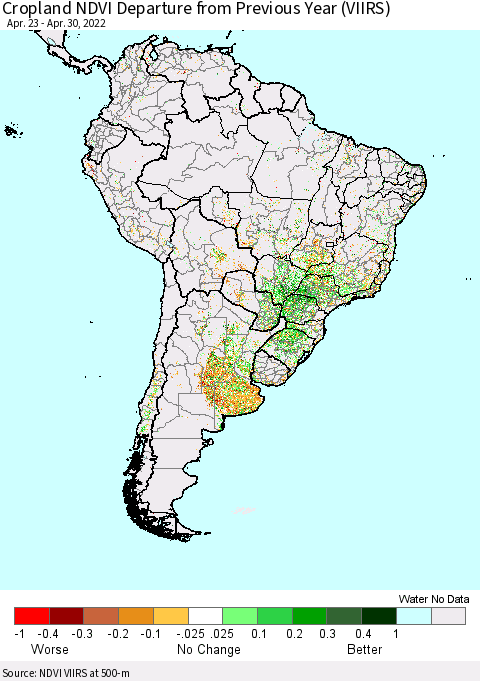 South America Cropland NDVI Departure from Previous Year (VIIRS) Thematic Map For 4/23/2022 - 4/30/2022
