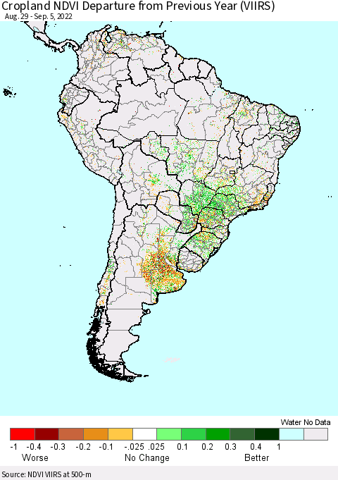 South America Cropland NDVI Departure from Previous Year (VIIRS) Thematic Map For 8/29/2022 - 9/5/2022