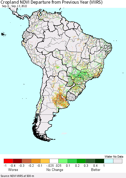 South America Cropland NDVI Departure from Previous Year (VIIRS) Thematic Map For 9/6/2022 - 9/13/2022