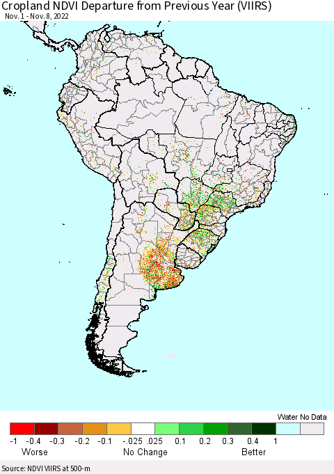 South America Cropland NDVI Departure from Previous Year (VIIRS) Thematic Map For 11/1/2022 - 11/8/2022