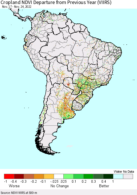 South America Cropland NDVI Departure from Previous Year (VIIRS) Thematic Map For 11/17/2022 - 11/24/2022