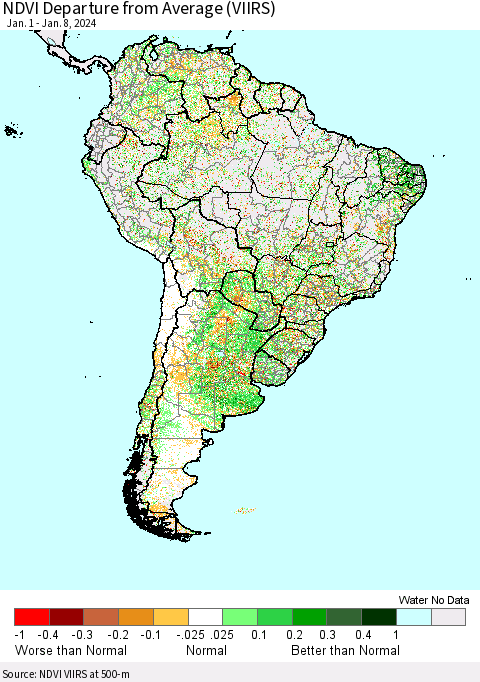 South America NDVI Departure from Average (VIIRS) Thematic Map For 1/1/2024 - 1/8/2024