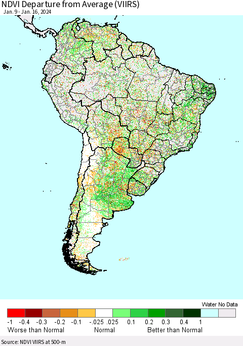 South America NDVI Departure from Average (VIIRS) Thematic Map For 1/9/2024 - 1/16/2024