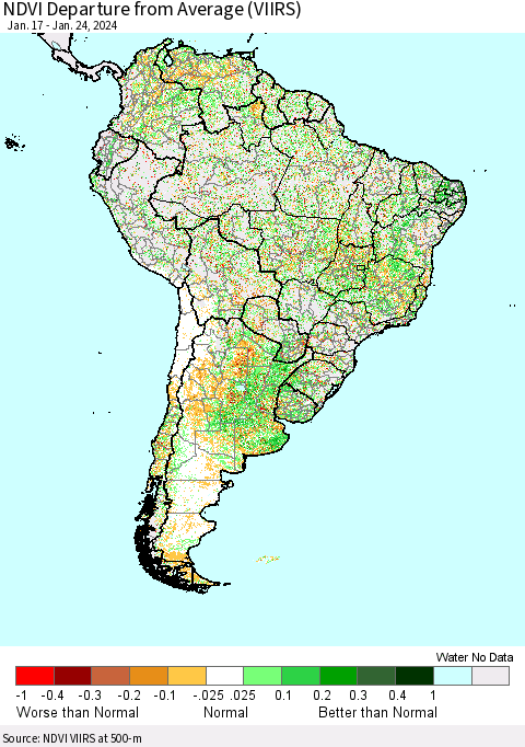 South America NDVI Departure from Average (VIIRS) Thematic Map For 1/17/2024 - 1/24/2024
