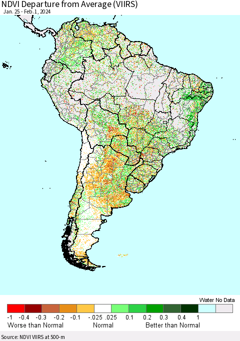 South America NDVI Departure from Average (VIIRS) Thematic Map For 1/25/2024 - 2/1/2024