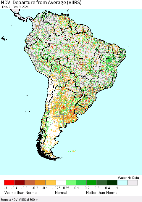 South America NDVI Departure from Average (VIIRS) Thematic Map For 2/2/2024 - 2/9/2024