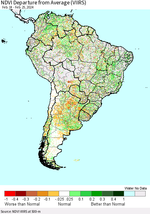 South America NDVI Departure from Average (VIIRS) Thematic Map For 2/18/2024 - 2/25/2024