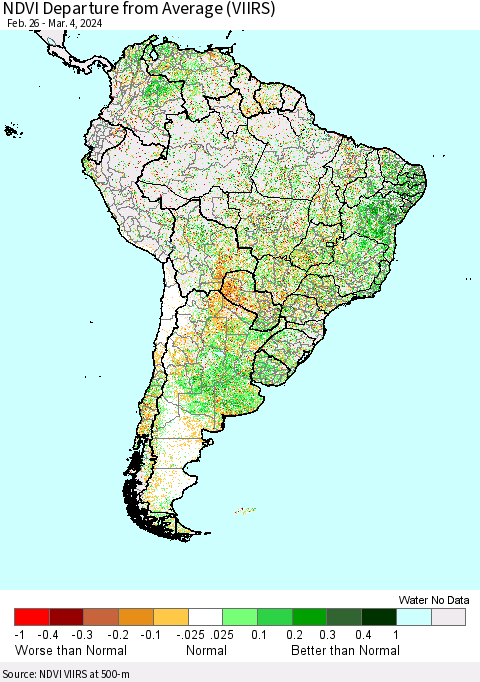 South America NDVI Departure from Average (VIIRS) Thematic Map For 2/26/2024 - 3/4/2024