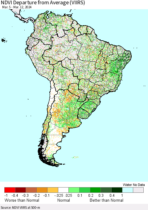 South America NDVI Departure from Average (VIIRS) Thematic Map For 3/5/2024 - 3/12/2024