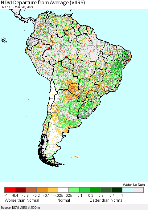 South America NDVI Departure from Average (VIIRS) Thematic Map For 3/13/2024 - 3/20/2024