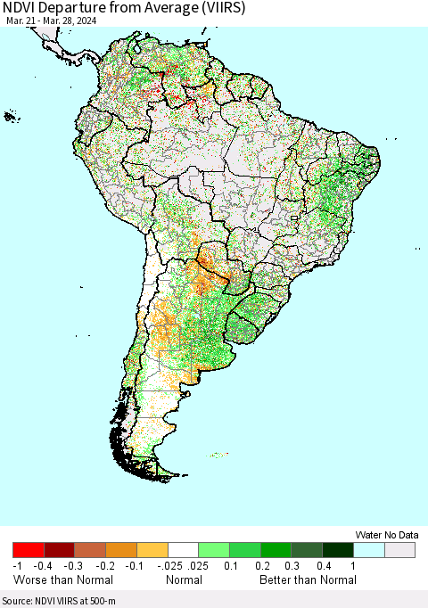 South America NDVI Departure from Average (VIIRS) Thematic Map For 3/21/2024 - 3/28/2024