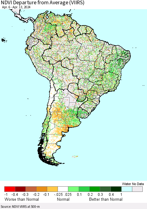 South America NDVI Departure from Average (VIIRS) Thematic Map For 4/6/2024 - 4/13/2024
