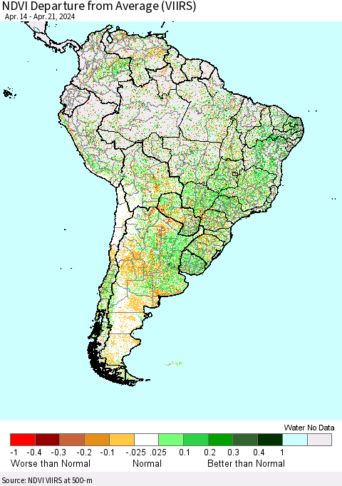 South America NDVI Departure from Average (VIIRS) Thematic Map For 4/14/2024 - 4/21/2024