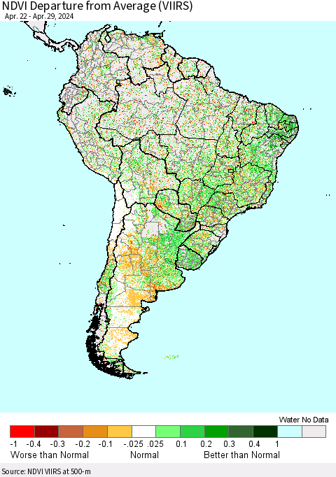 South America NDVI Departure from Average (VIIRS) Thematic Map For 4/22/2024 - 4/29/2024
